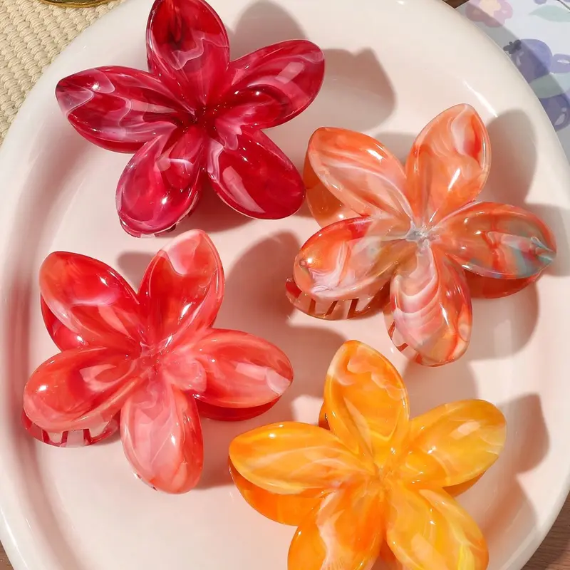 4pcs Spring/Summer Bohemian Sweet Bright Orange & Red Marble Daisy Flower Hair Claws, Beach Hairpin Set Fashion Hair Accessories Flower Claw Clips Fun Claw Clips Elegant Hair Clip Fall Winter For Vacation Outfits Woman, Boho Hair Accessories