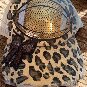 Leopard Sequin Football Trucker Hat with Glitter Bow and Mesh Back for Stylish Sports Fans