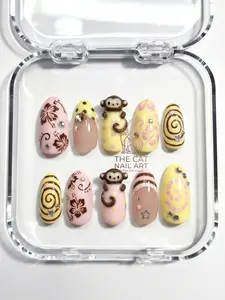 Y2K Retro Tropical Press On Nails: 3D Monkey and Brown Hibiscus Flower | Vacation Nails