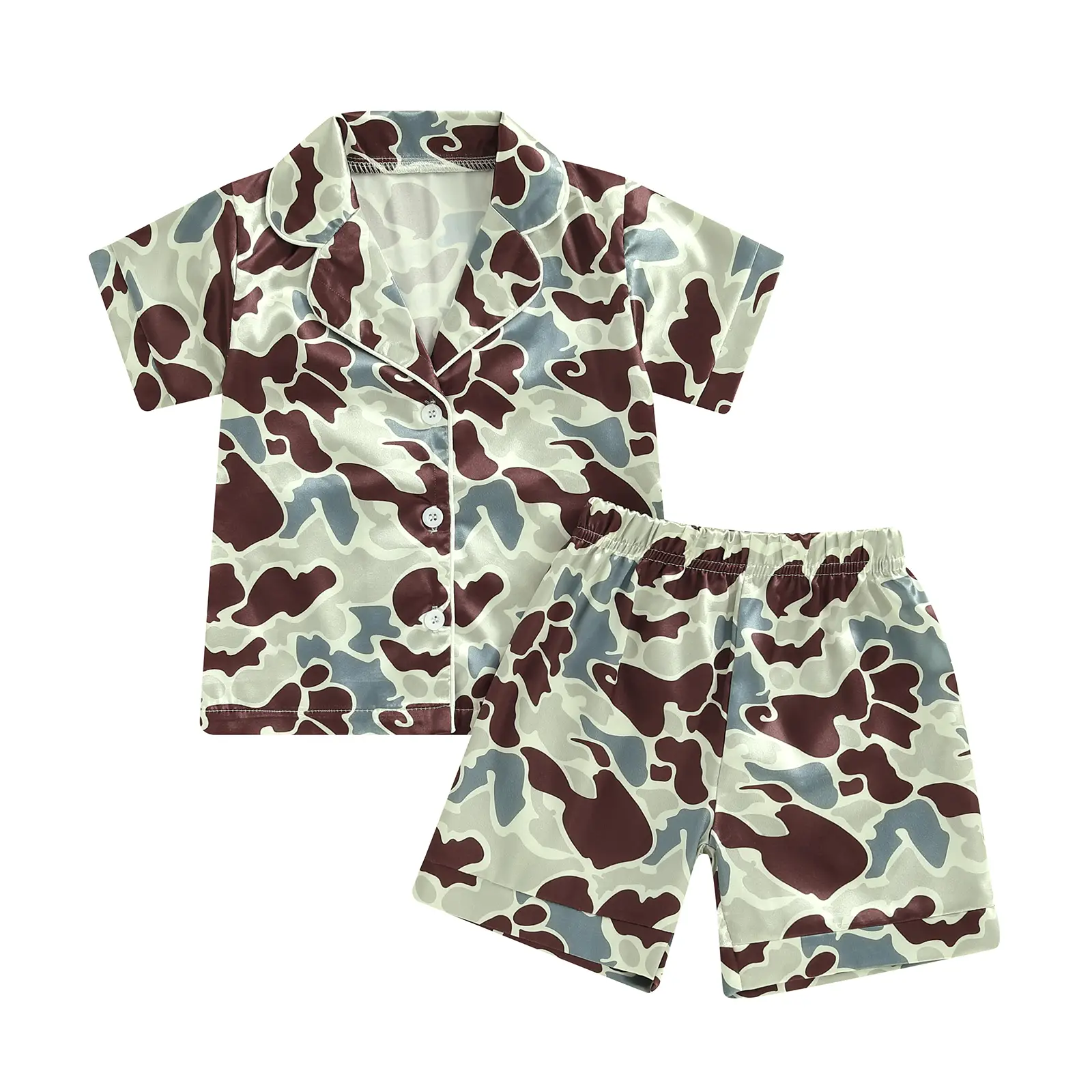 Toddler Baby Boy Summer Pajamas Set Camouflage Print Short Sleeve Lapel Button Down Tops with Shorts Satin Sleepwear 6M-5Y