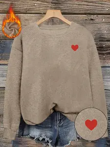 Women's Fall Winter Fitted Round Neck Sweater, Soft Skin-Friendly Heart Print, Casual Style, Valentine's Day Gift
