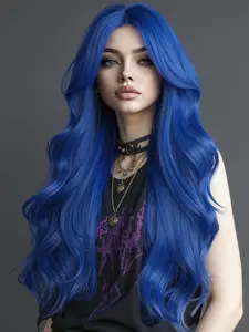 20-Inch Royal Blue Long Wavy Wig, Long Hair, Synthetic Fiber, Ideal for Daily Wear, Parties, Halloween, Role-Playing, All Seasons