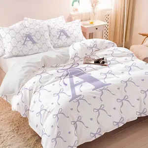 2/3Pcs Girls Purple Bow Print Initial Duvet Cover Set, Coquette Style Comforter Cover Bedding Set No Filler, Ribbon Print Bed Set with Pillowcases for Teens Bedroom, Cute Girly Aesthetic Decor