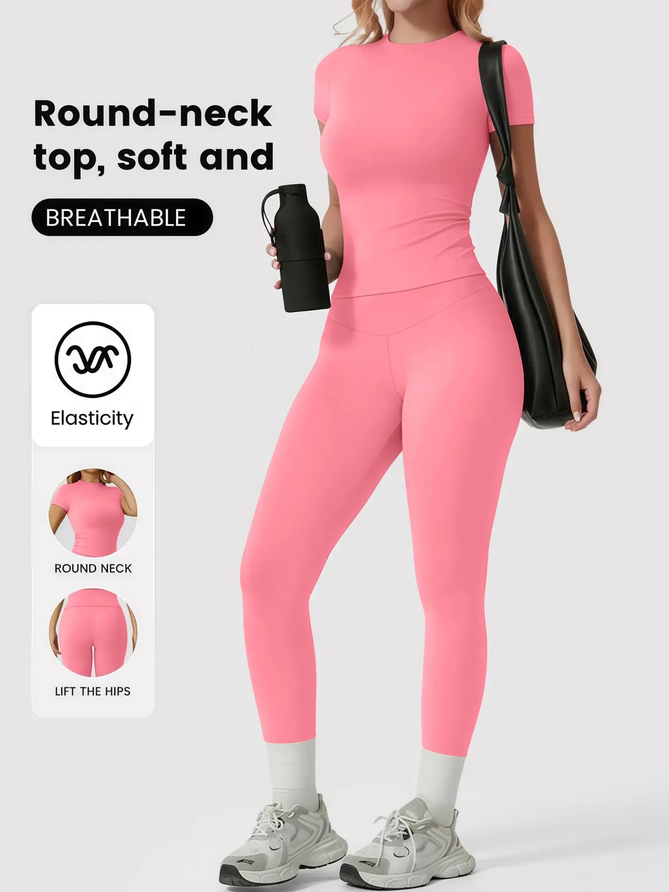 Women's Sportswear Set, Solid Color Tee & Yoga Leggings, No Front Seam Design, Classic Style, Ideal for Outdoor Running & Fitness, Athletic Wear, Exercise Clothing
