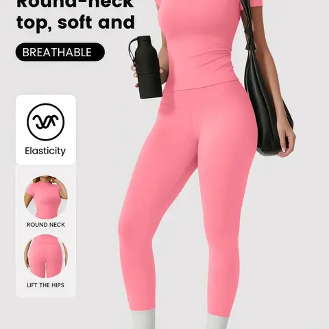 Women's Sportswear Set, Solid Color Tee & Yoga Leggings, No Front Seam Design, Classic Style, Ideal for Outdoor Running & Fitness, Athletic Wear, Women Workout Clothes