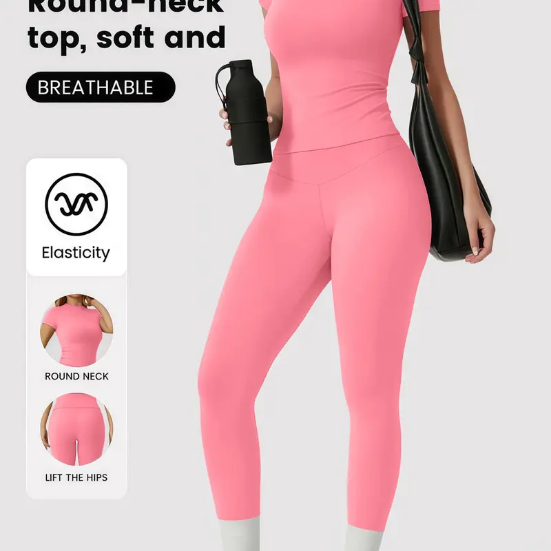 Women's Sportswear Set, Solid Color Tee & Yoga Leggings, No Front Seam Design, Classic Style, Ideal for Outdoor Running & Fitness, Athletic Wear, Women Workout Clothes