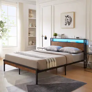 Twin/Full/Queen/King Size Metal Platform Bed Frame with Wooden Headboard/Footboard - LED Lights (Remote), USB Liner, 600LBS Capacity, Large Under-Bed Storage, No Box Spring Needed