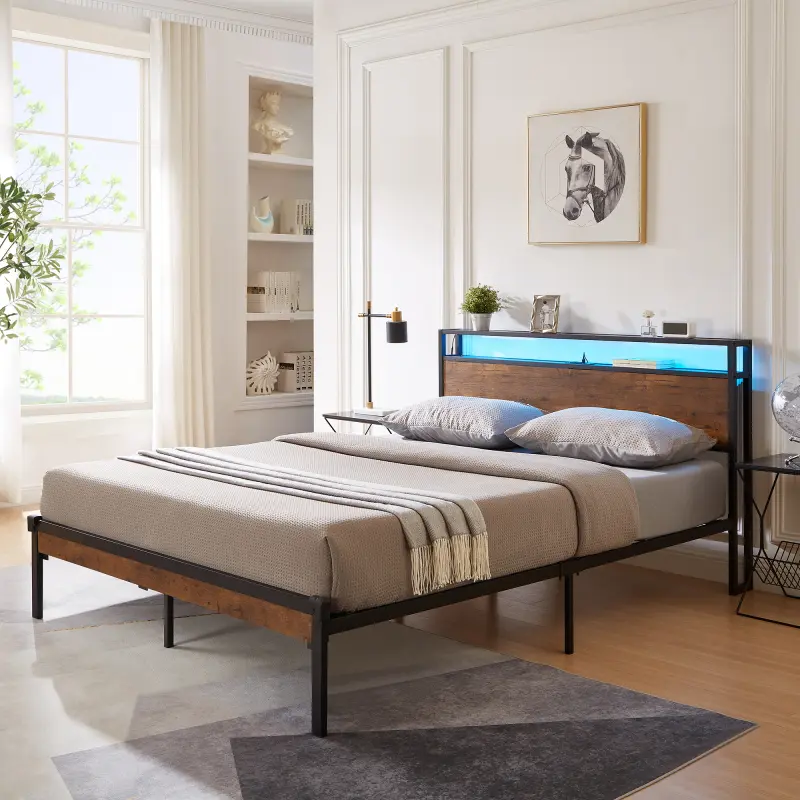 Twin/Full/Queen/King Size Metal Platform Bed Frame with Wooden Headboard/Footboard - LED Lights (Remote), USB Liner, 600LBS Capacity, Large Under-Bed Storage, No Box Spring Needed, Couples, Adults