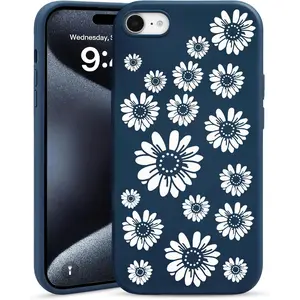 Jusy Cute Blue Daisy Engraved Flower Phone Case for iPhone 7/8/SE, Slim Liquid Silicone Protective Cover for Women Girls