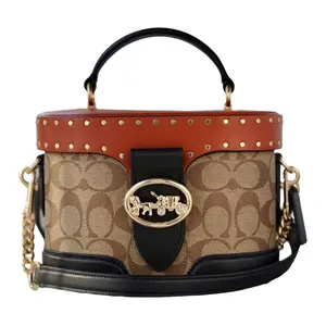 COACH Georgie 20 Vintage Rivet Patchwork Tote Bag for Women – Red and Brown Canvas and Premium Leather