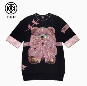 TCH Light Luxury Unisex Outfit New Arrival Rhinestone Design Teddy Bear Bow T Shirt Dress Casual Streetwear Top for Summer