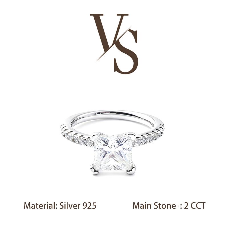 [Venus Jewelry] Synthetic Moissanite 2 CCT Princess Cut VVS 1 D Color Solid Silver 925 Solitare Ring