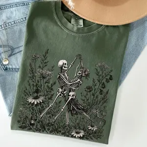 Comfort Colors Skeleton Couple Dancing TShirt, Linocut Skeleton Lovers Tee, Gothic Romance, Cottagecore Halloween Tee, Vintage Botanical Floral Tee