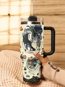 Studio Ghibli 40oz Tumbler with Handle _ Totoro, No Face & Calcifer Anime Travel Mug _ Insulated Stainless Steel Fan Gift Idea
