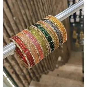 Raindrop Design Glass Bangles Set in 26 Multicolor for Indian & Pakistani Semi-Bridal Bridal Gold Shimmer Bangles Included Stunning Multi-Color Statement Look