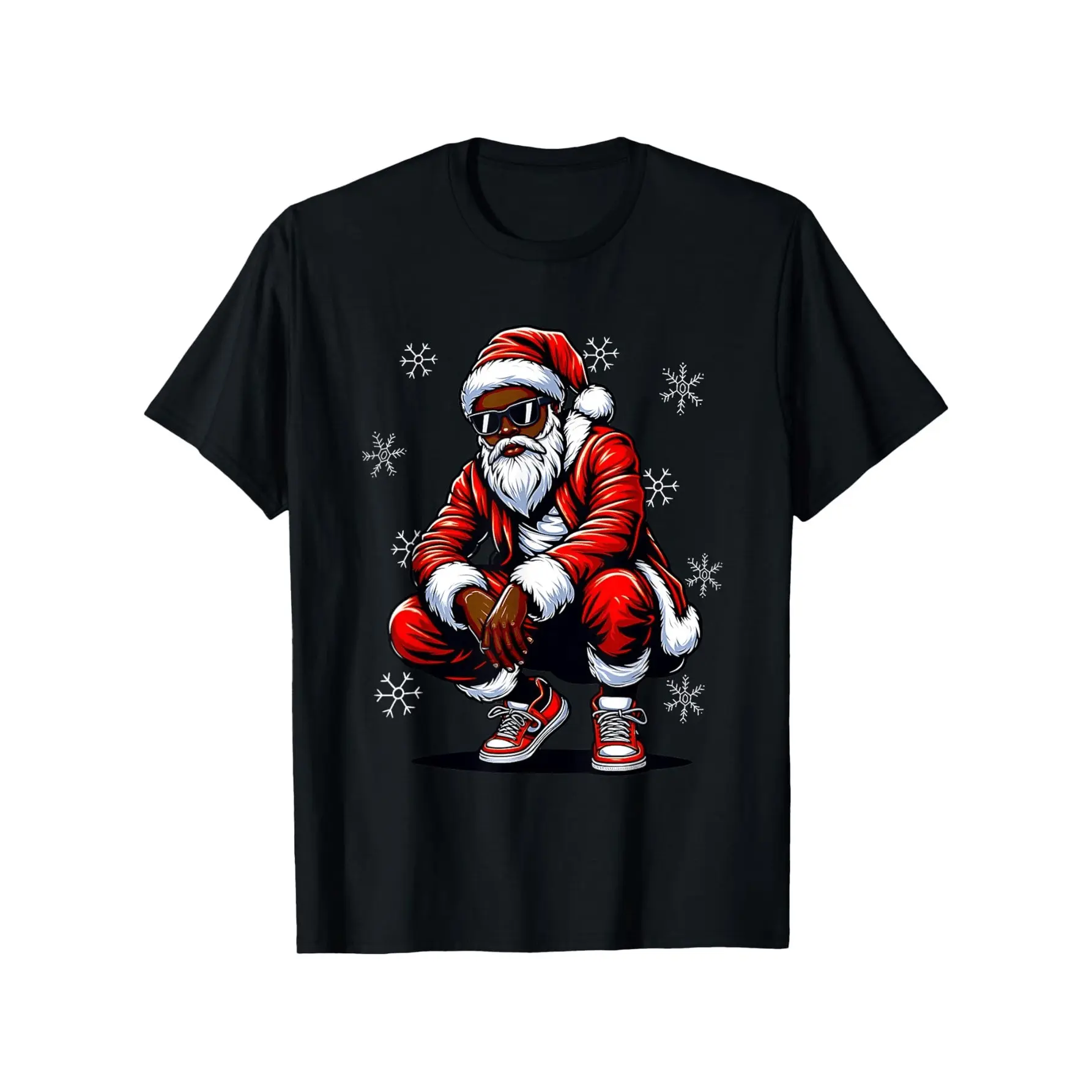 Men's Short-Sleeve Festive T-Shirt, Menswear Top with African American Santa, Snowflakes, Stars for Casual Fit