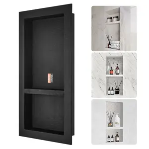 16x32 in Sealed Tile-Ready Wall-Inserted Recessed Shower Niche with Double Shelf & Square Corners, Modern Black Bathroom Organizer Supplies, Summervibes Bathroom Storage Organizer