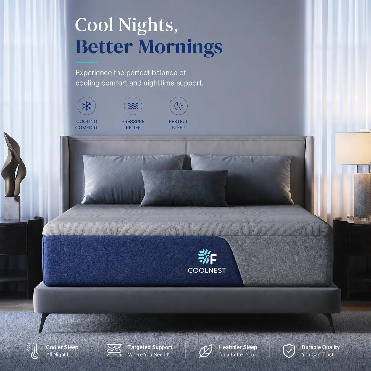 COOLNEST MATTRESS  Feels Up To 8° Cooler,5-Zone Ergo Support MATTRESS Hot Sleepers, Queen Size Mattresses, Cooling Mattress Cover