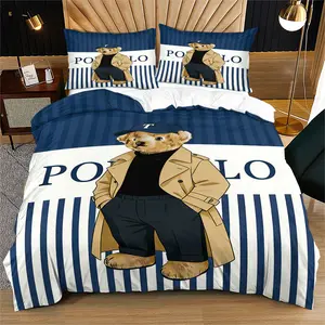 Striped teddy bear print pattern soft and durable bedding duvet cover set, including 1 duvet cover and 1 or 2 pillowcases, without a core or pillow, suitable for adult gifts, modern style fashionable bedroom bed decoration Bedding Sets
