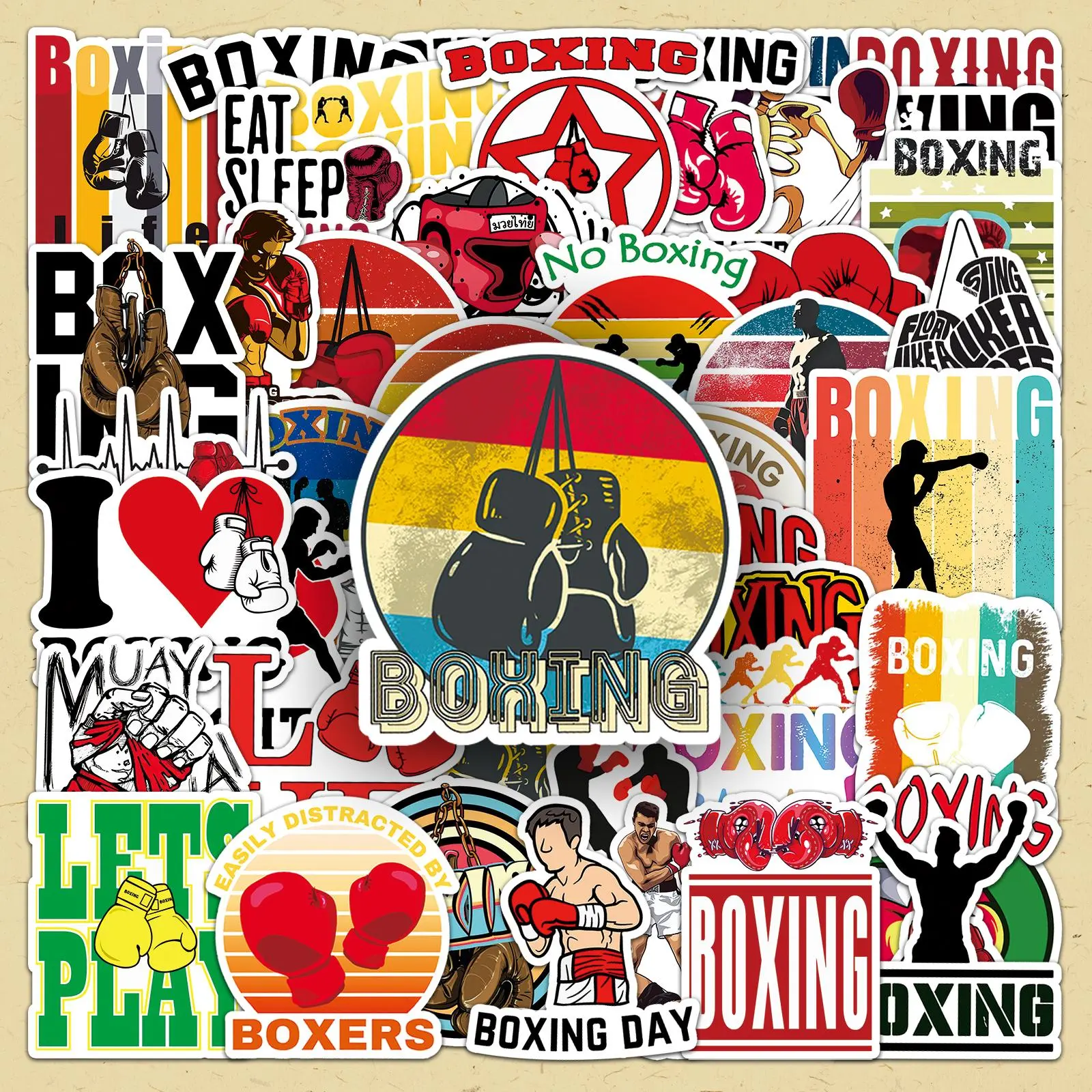 Boxing Themed Sticker, 100pcs/set Boxing Logo & Character Pattern Decorative Sticker, Diy Decals for Water Bottle, Laptop, Phone Case, Scrapbooking