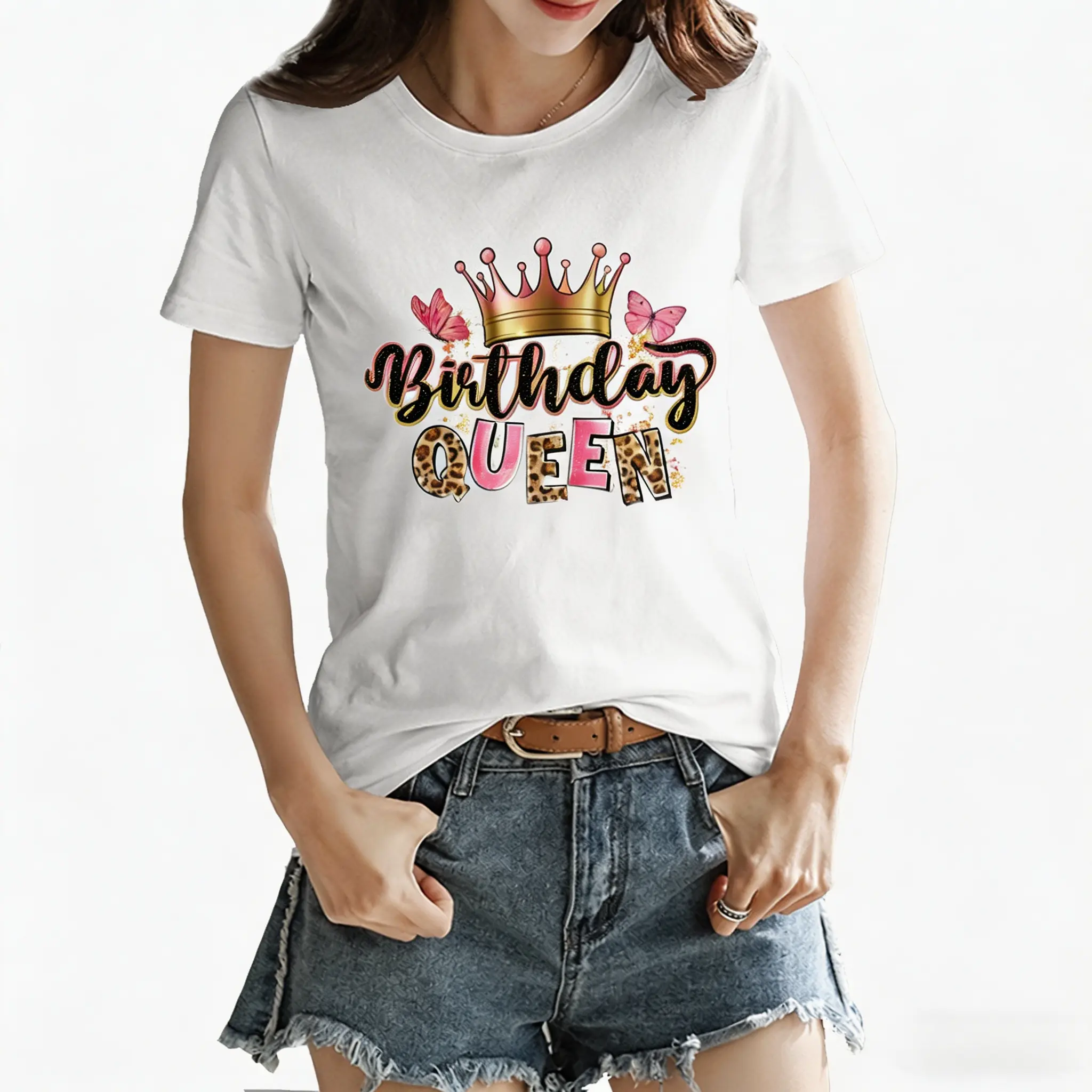 Women's 100% Cotton Cute Birthday Queen Print Tee - Casual Round Neck Short Sleeve Lady Top, Lightweight Fit, Everyday Style, for Birthday Celebrations & Beach Vibe summerwins,