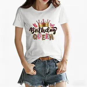 Women's 100% Cotton Cute Birthday Queen Print Tee - Casual Round Neck Short Sleeve Lady Top, Lightweight Fit, Everyday Style, for Birthday Celebrations & Beach Vibe summerwins,summerwins