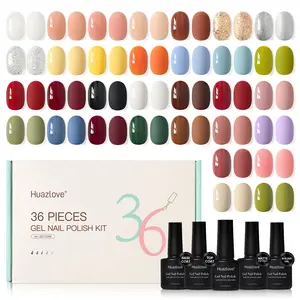 HUAZLOVE 36-Pcs Gel Nail Polish Set, All-Season Nail Art DIY Kit with Red, Black, White, Nude, Glitter Shades, 4-Pcs Soak-Off Base Coat, Glossy & Matte Top Coats, and Builder