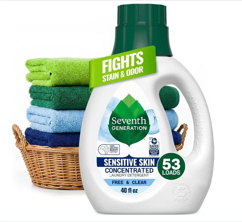 Seventh Generation Concentrated Free & Clear Laundry Detergent, 40 oz, No Dyes or Fragrance, Sensitive Skin Liquid Laundry Soap Targets Stains and Everyday Messes With Biobased Formula