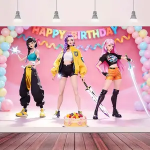 Kpop Sweet Cool Girl Group Birthday Background Cloth, Game Style Spice Babe Hanging Tapestry, Teen Girls Party Decor, Korean Idol Theme Banquet