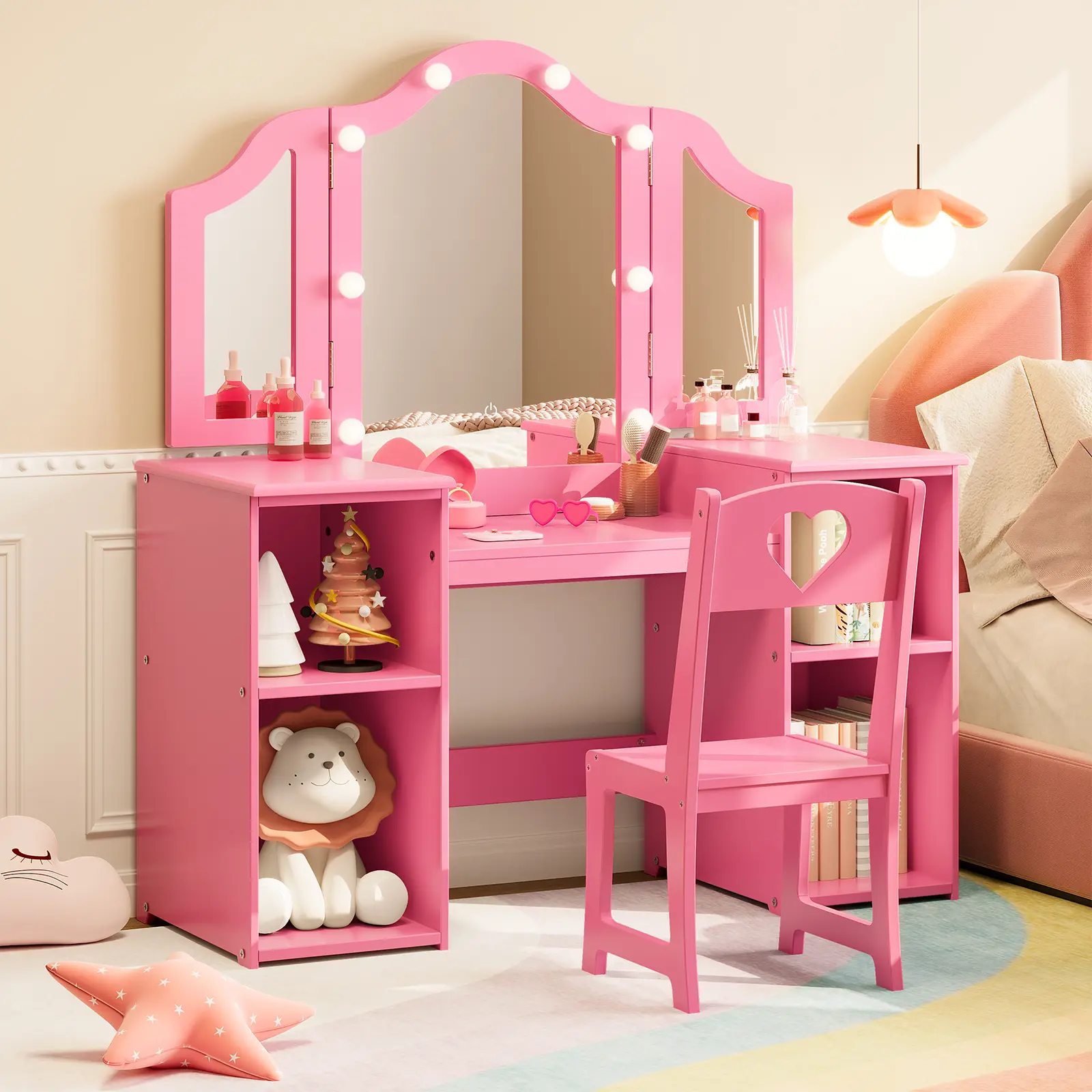 Kids 2-in-1 LED Vanity Table-Chair Set for Toddler Girls - MDF Wood, Tri-Folding Lighted Mirror, Drawer Storage, High Back Chair, Dual Makeup-Writing Desk, Vanity Organizer, Holidays/Birthdays Room Gift, Adjustable Height