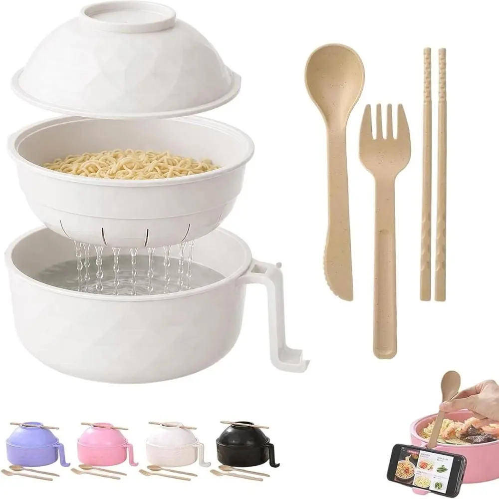 Recyclable Eco Wheat Straw Instant Noodle Tableware Set, Heat Insulated Stackable Bowl for Picnic Use(Top bowl-Beige）