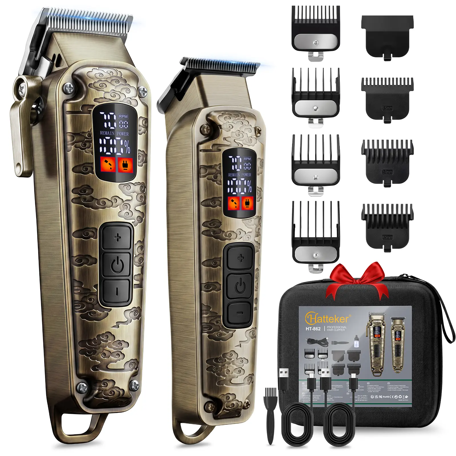 HATTEKER 2-in-1 Cordless Hair Clipper and Beard Trimmer Grooming Kit with Adjustable Carbon Steel Blades, 3-Speed Motor, and LED Display for Men, Haircut, Smooth, Gift, Face, Beard Trimming