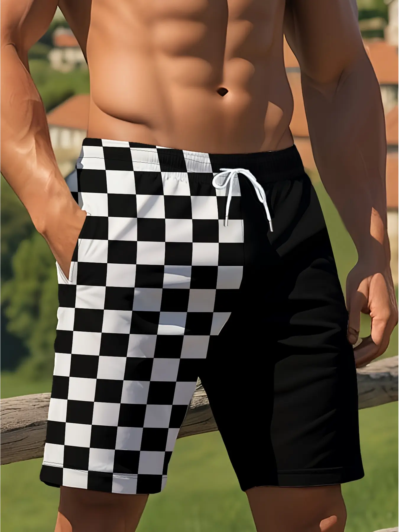 2025 Men's shorts, summer casual shorts, pocket drawstring color block pattern patchwork shorts, breathable shorts, beach shorts