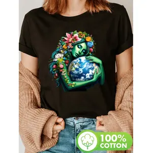 Eco Friendly Green Earth Day Short Sleeve Crew Neck Tee For Women Summer Spring Casual Wear
