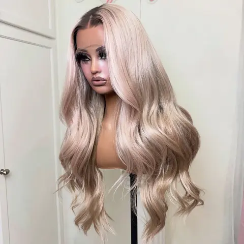 Ash Blonde With Brown Roots Body Wave Human Hair Lace Frontal Wig Pre-Plucked Natural Hairline Wave HD Transparent Lace Wig For Woman