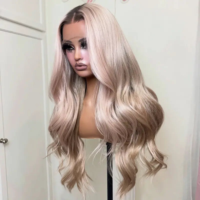 Ash Blonde With Brown Roots Body Wave Human Hair Lace Frontal Wig Pre-Plucked Natural Hairline Wave HD Transparent Lace Wig For Woman