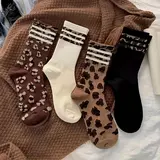 4 Pairs Women's Stylish Mid-Calf Socks - Trendy Striped Leopard Print, Comfortable, Soft For Both Lounge and Outdoor Wear