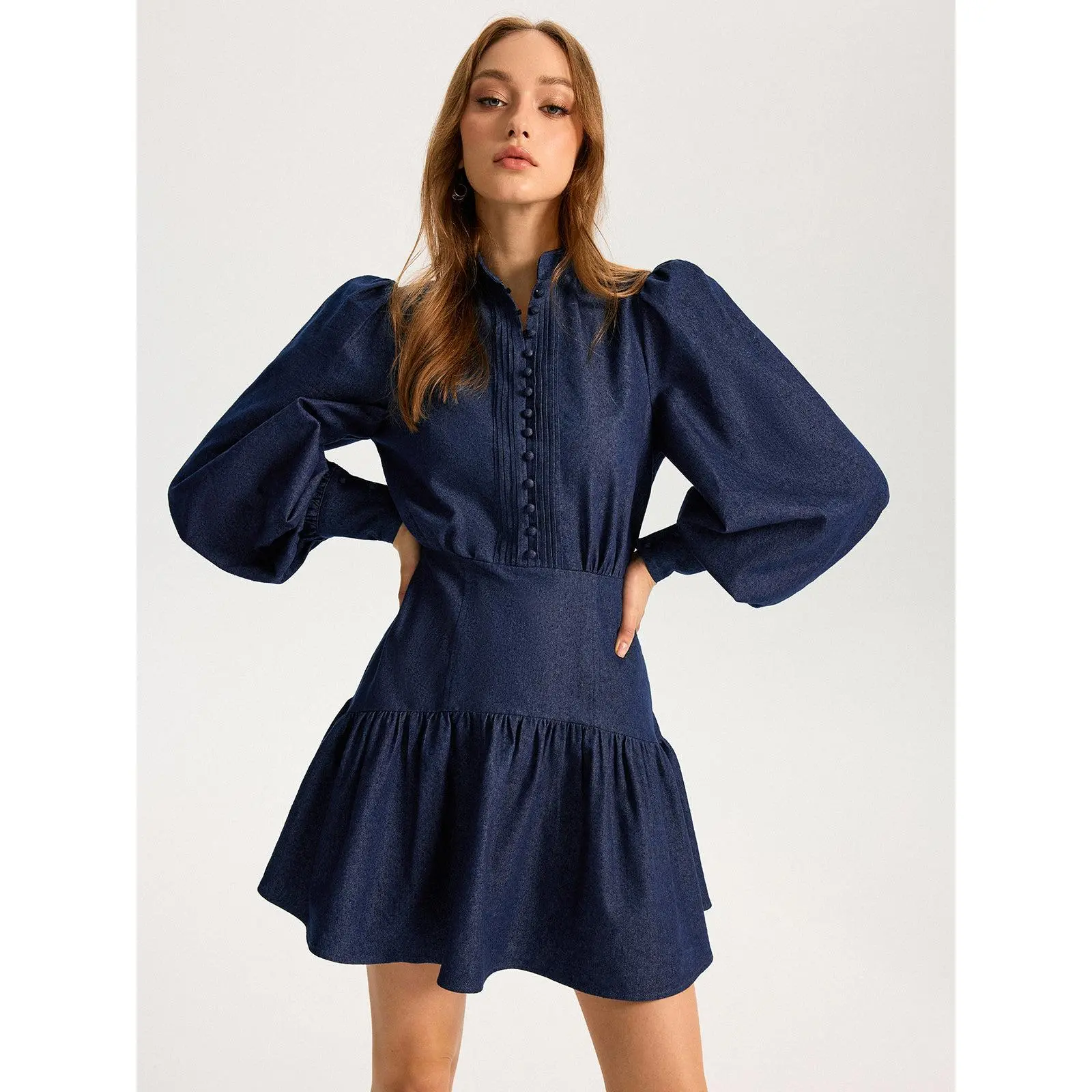 Women's Denim Stand-Collar Puff-Sleeve Mini Dress, Casual Style Denim Fabric Casual Dresses