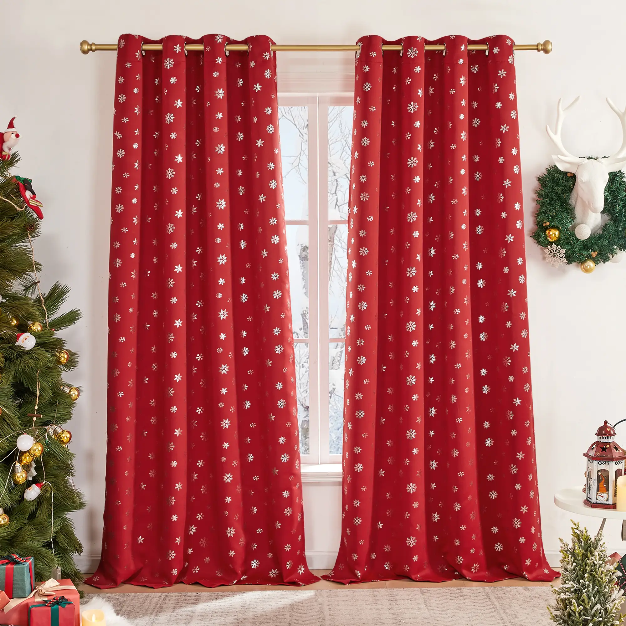 Deconovo Christmas Themed Blackout Curtain Set (2 Panels, Red Snowflake Pattern) – Thermal Insulated Holiday Drapes for Bedroom & Living Room Decor