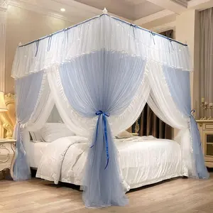 Canopy Bed Curtains with Lights,4 Corner Bed Canopy Royal Luxurious Bed Drapes Netting,Princess Bed Curtains for Girls Adults Bedroom Decoration