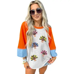 Women's Light Grey Thanksgiving Turkey Sequin Graphic Top – Casual Color Block Long Sleeve for Fall Celebrations