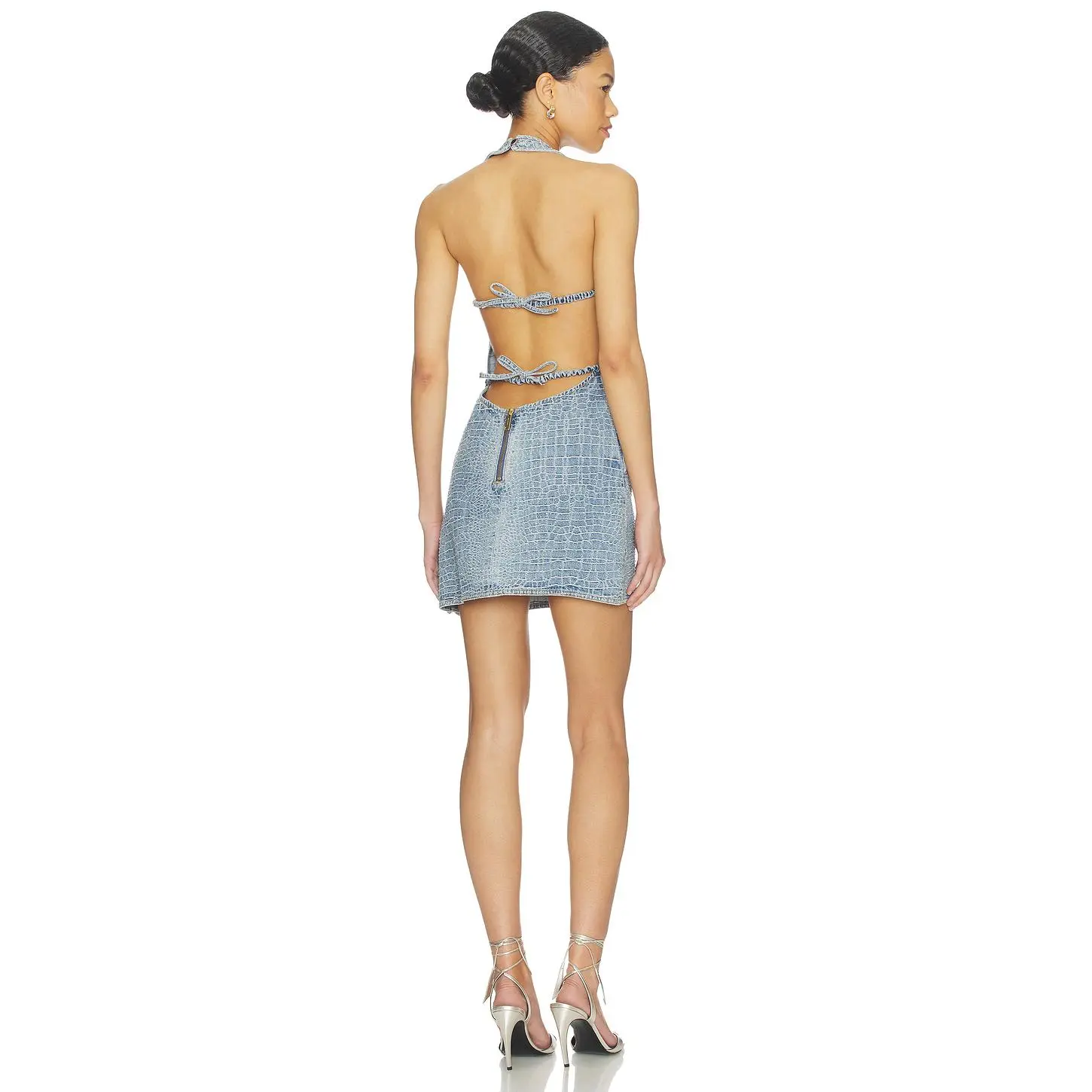 self-portrait Rhinestone Croc Effect Denim Mini Dress in Blue