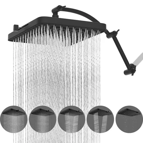 Hibbent 13-inch Square Matte Black Wall-Mount High-Pressure Fixed Waterfall Shower Head Ensemble, 5 Sprays, 16-in Solid Brass Adjustable Extension Arm, ABS Anti-Clog Luxury Bathroom Fixture Accessory (13" Size, Dynamic High-Pressure Massage)