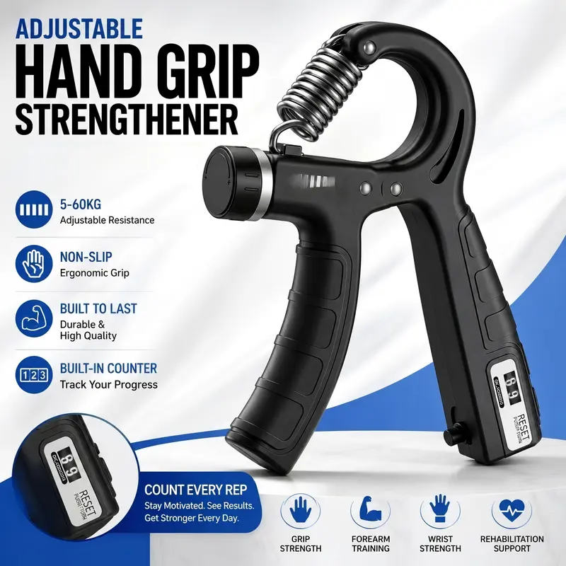 Unisex Adjustable Grip Strength Hand Strengthener - 2026 Compact Non-Slip Workout Equipment, Resistance Control, Ergonomic Design for Forearm, Wrist & Finger Training, Home Use, Rehabilitation, Adjustable Grip Strength Hand Strengtheners