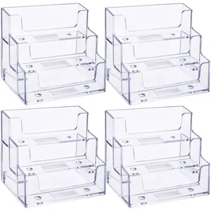 4 Pieces Business Card Holder for Desk 3 Tiers Clear Acrylic Stand for Business Card Organizer Storage Holder Display for Office and Company, 180 Cards Capacity