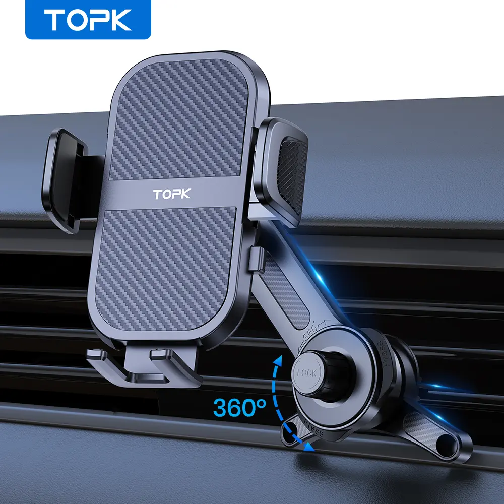 TOPK D46T Extended Arm Car Vent Phone Mount Holder for Cars - 3-Point Support, Extendable Metal Hook, Single-Hand Op, High Stability