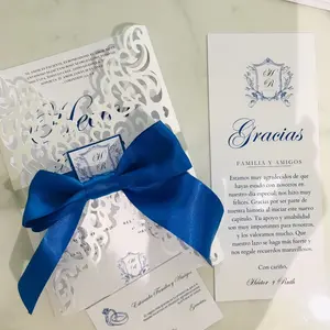 Custom Spanish Wedding Invitation Package - Blue Ribbon Design - Handmade & Personalized for Hispanic Weddings  5 Set 7 PCs each set