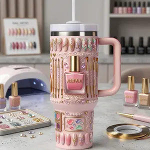 Personalized Nail Artist Tumbler 2D Printed 3D Effect Insulated Stainless Steel Cup With Pink Polish Lacquer Design For Professional Manicurist Salon Tech Daily Use Birthday Celebration Career Keepsake Appreciation Gift Idea