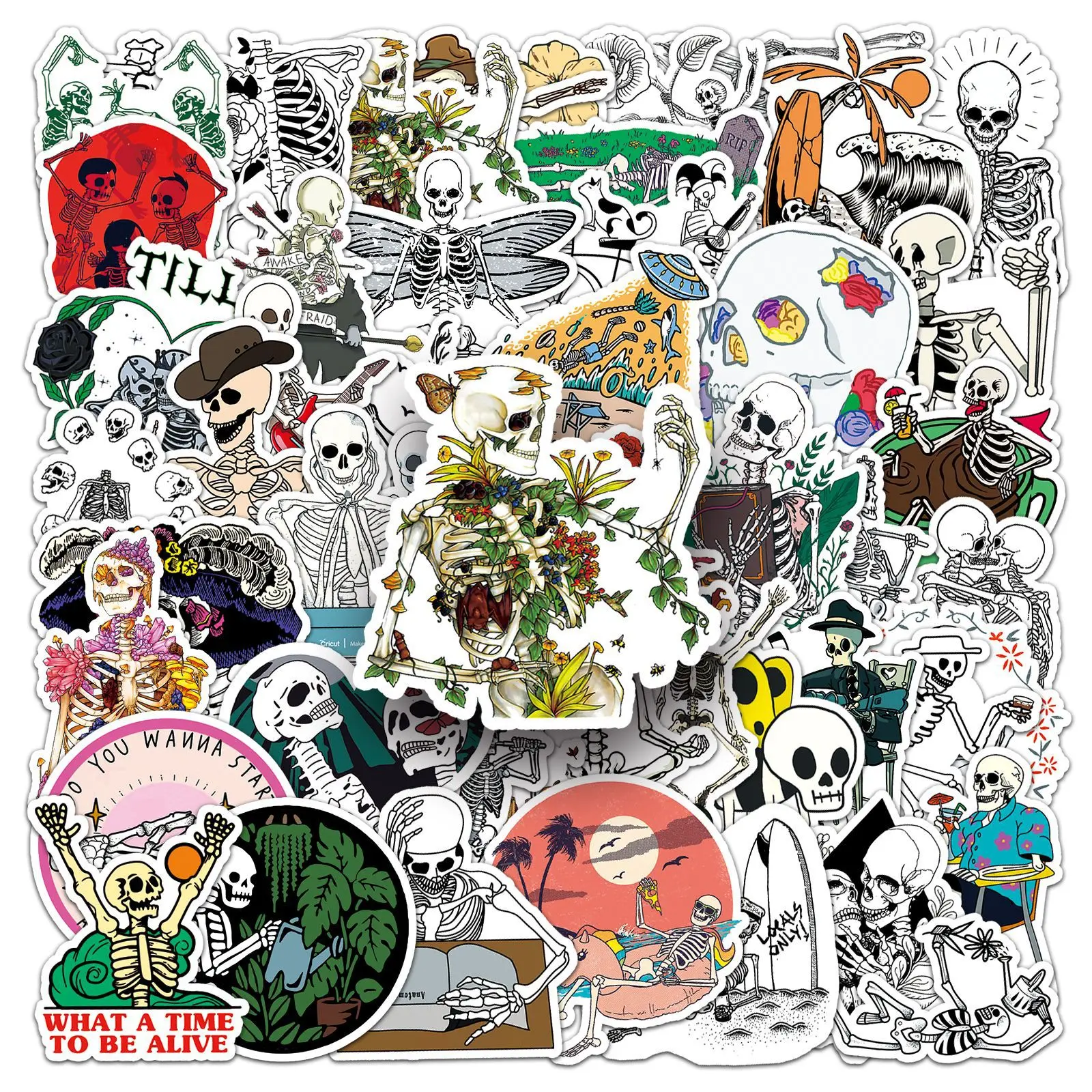 50pcs Art Style Skull Stickers, Sticker Decals, Perfect for Scrapbooking Journals Laptops Water Bottles Cars, Uplifting Positive Message Gift Design, Premium Skull Stickers