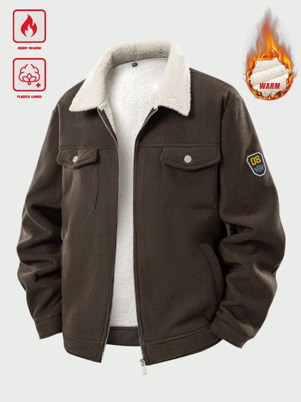 Men's Winter Corduroy Fleece Lined Thick Warm Workwear Jacket with Multiple Pockets, Suitable for Office and Commuting, Outdoor Sports Winter Coat
